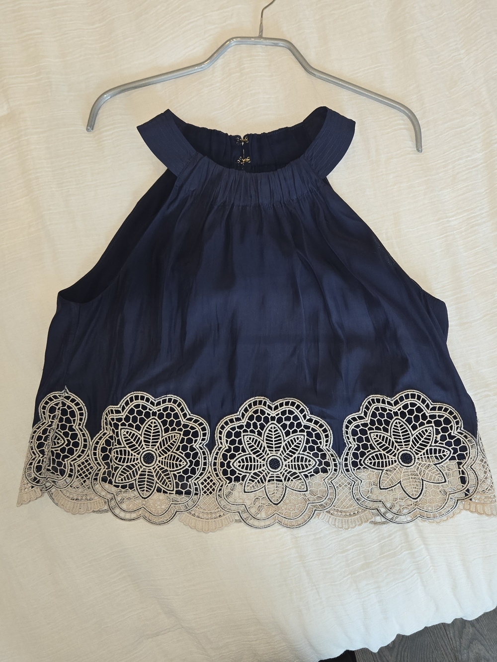 Ramy Brook Navy Halter Camisole with Cream Lace Hem